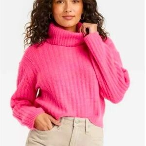 Cozy Ribbed Turtleneck Sweater - Hot Pink